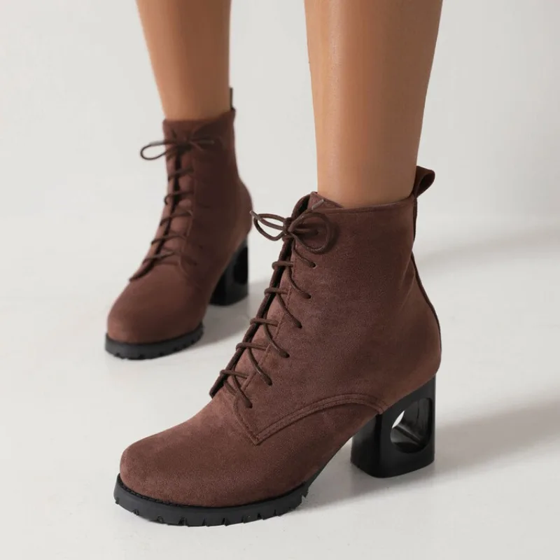 Autumn Winter Faux Suede Ankle Boots Women Retro Brown Lace Up Boots Woman Plus Size 35-43 Pointed Toe Booties Female