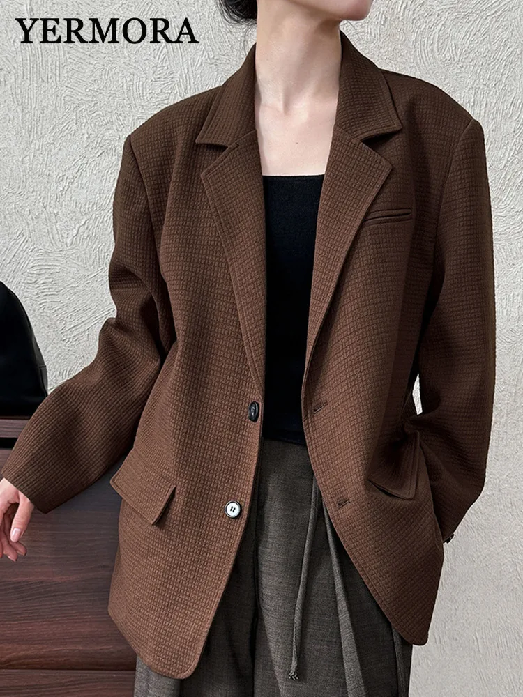 

YERMORA Coffee Texture Button Vintage Blazer For Women Lapel Long Sleeve Loose New Jacket Fashion Tide Spring Autumn 2025