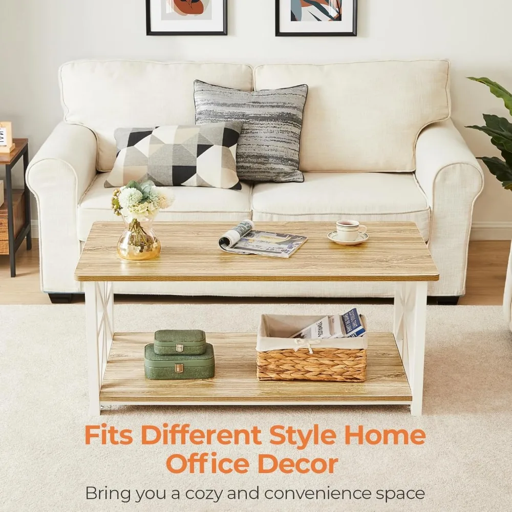 Farmhouse-Style GreenForest Coffee Table with Rounded Edges and Dual-Tier Storage Shelf, X-Frame Living Room Centerpiece, 39 Inc