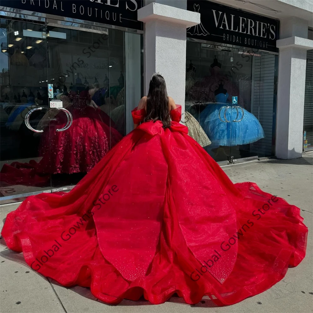 Mexico Red Off The Shoulder Ball Gown Quinceanera Dress For Girls Beaded Bow Butterfly Birthday Party Gowns Prom Dresses