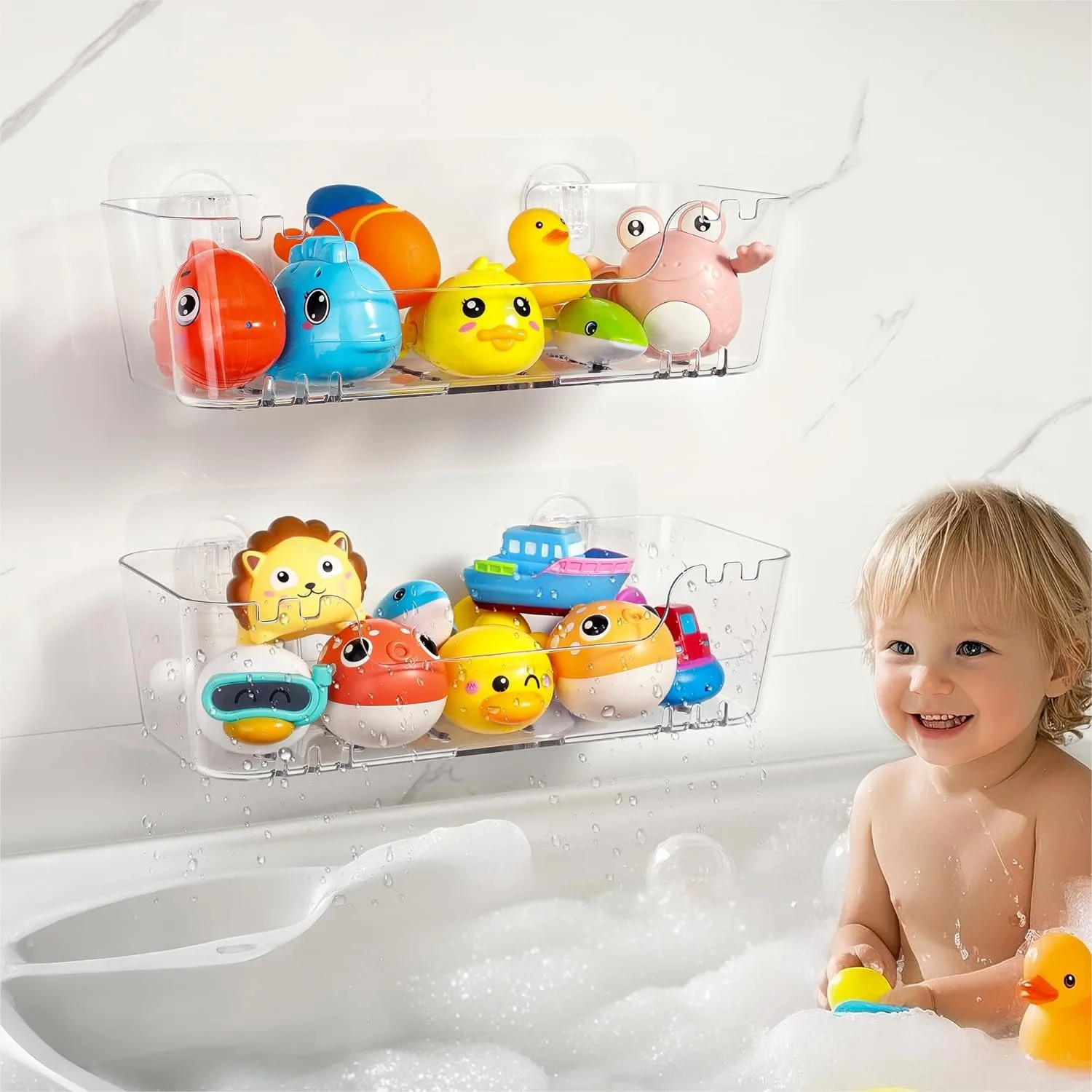 

Bath Toy Storage Organizer 2 Pack, Transparent Toy Holder with Drain Holes, Quick-Dry Shower Caddy for Bathroom, Easy Install
