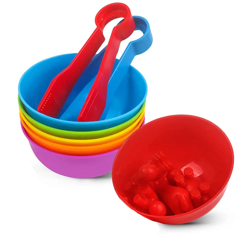 6 Plastic Bowls with 2 Tweezers Rainbow Color Sorting Montessori Fine Motor Skill Learning Activities Toys Gift for Toddlers Kid