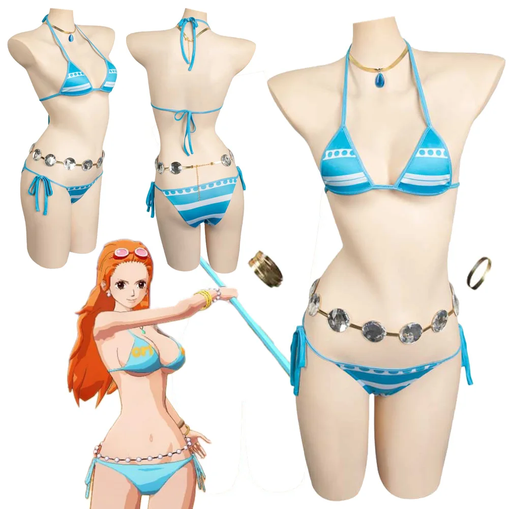

Nami Cosplay Fantasy Sexy Bikini Set Swimsuit Summer Beach Wear Swimwear Anime Pirate Costume Disguise Adult Women Outfit
