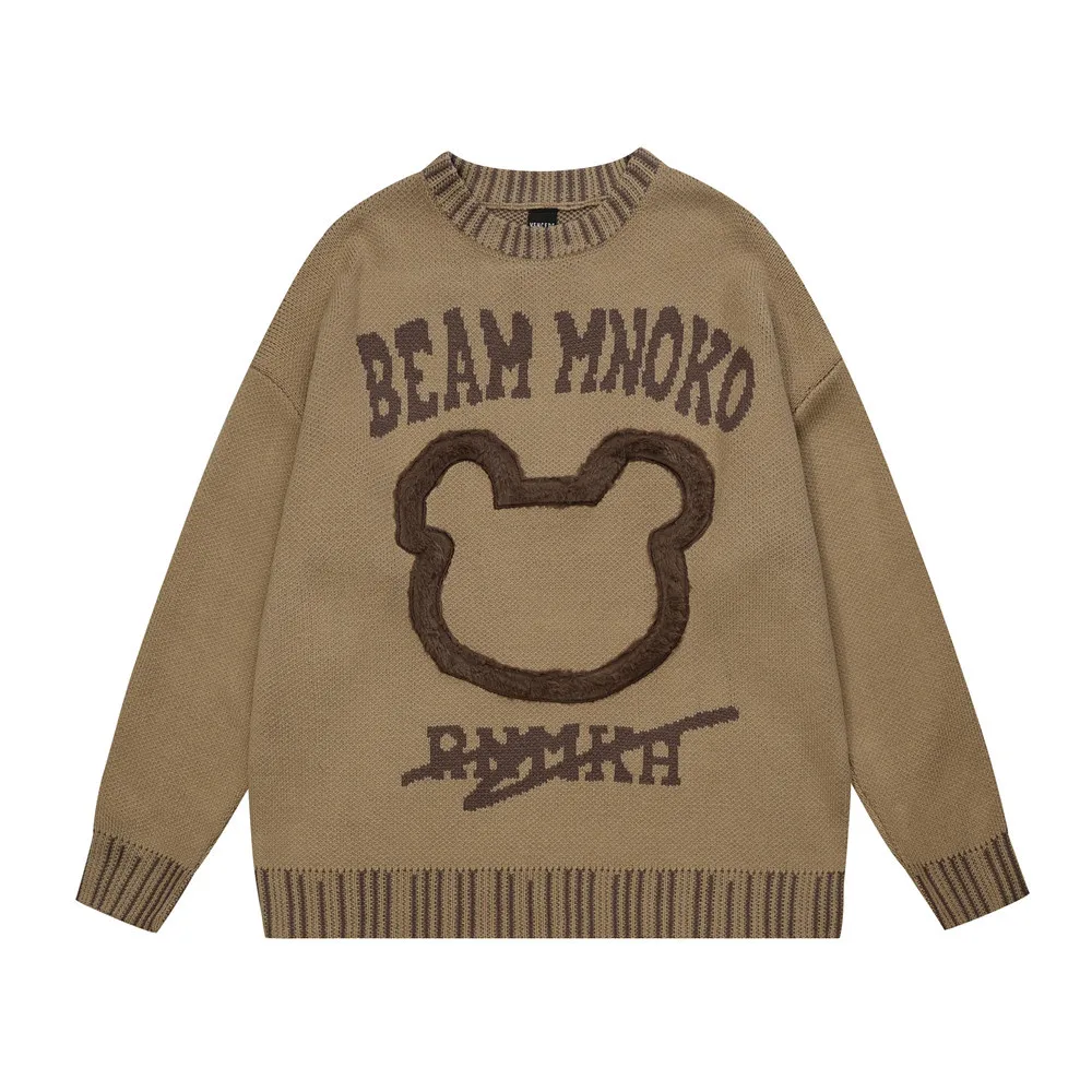 

Little Bear Flocking Embroidered Sweater MenTrend High Street Loose Casual Couple Pullover Round Neck Underlay chompa de hombre