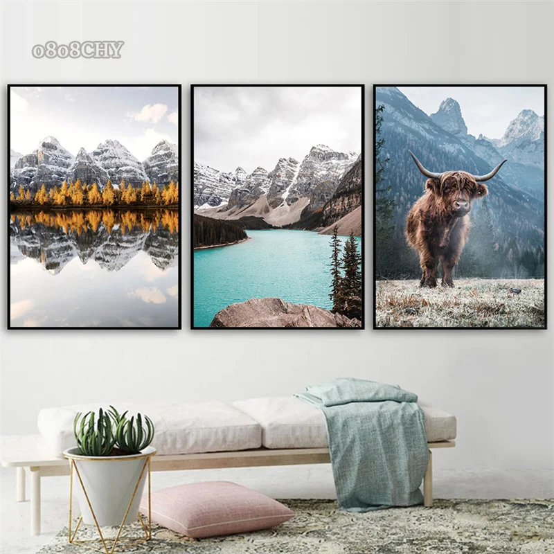 Nature Lake Highland Cow Forest Trail Boat Canvas Print Painting Posters Modern Landscape Wall Art Picture for Living Room Decor