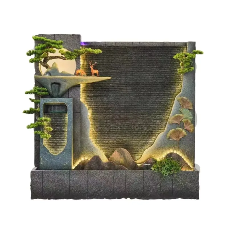 

【From China】Modern Resin Outdoor Wall Waterfall Fountain-Large Landscape Water Feature with LED Lights for Garden Patio & Villa