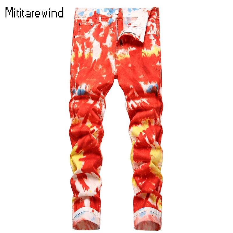 

American Rock Style Man Pants Hip Hop Y2k Streetwear Mid Waist Cotton Tie-dyed Slim Stretch Jeans Youth Personalized Trend Jeans