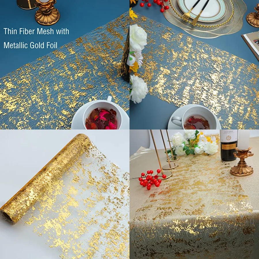 

Glitter Metallic Gold Table Runner 11 Inch x 100 Feet Thin Mesh Sparkle Runner Roll Table Decorations for Wedding Bridal Shower