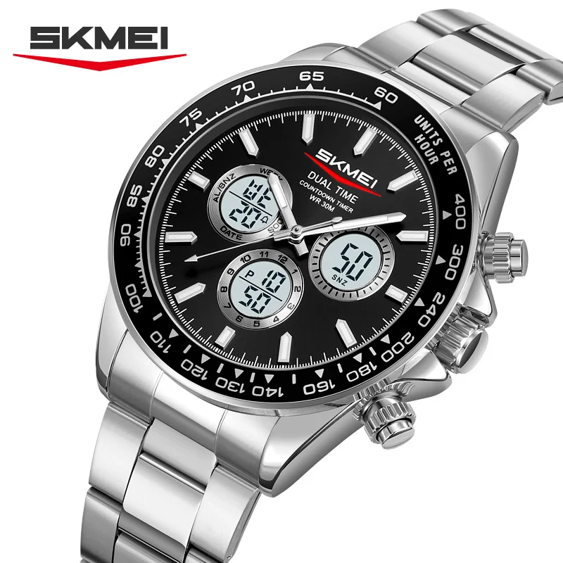 

SKMEI 2505, нержавеющая сталь, деловые элитные водонепроницаемые наручные часы, мужские деловые роскошные мужские кварцевые электронные часы с двойным дисплеем