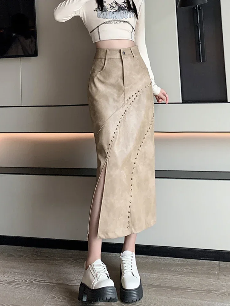 PU Leather Skirts High Waist Heavy Rivet Forked Solid Color Female Slim Skirt Y2k Harajuku Vintage Women Clothing Spring Autumn