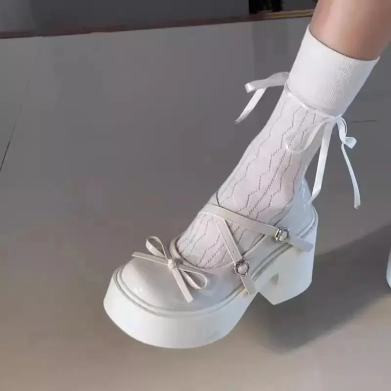 Women's Mary Jane Shoes Spring 2026 New Style Thick Heel British Style Flat Shoes Cute Bow Knot Design Heightening Effect