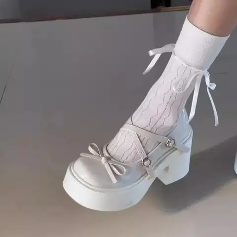 Women's Mary Jane Shoes Spring 2026 New Style Thick Heel British Style Flat Shoes Cute Bow Knot Design Heightening Effect