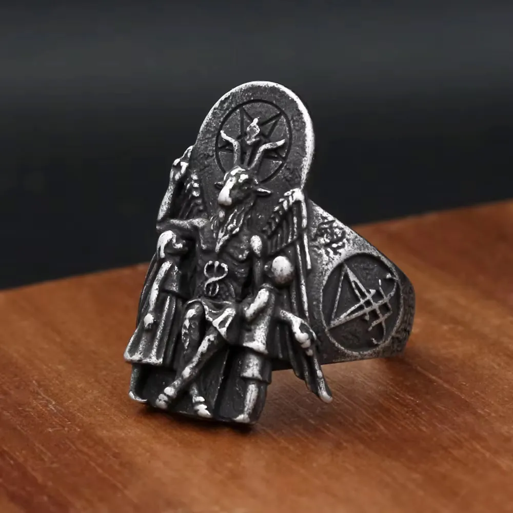 Gothic Goat Statue Stainless Steel Ring For Men Vintage Occult Pentagram Biker Daily Party Finger Fashion Jewelry Gifts