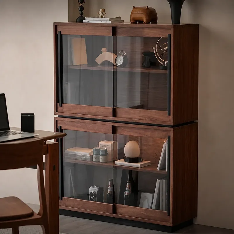 Solid Wood Bookcase Pine Storage Cabinet with Dust-proof Glass Wine Display Shelf Modular Bookshelf for Figure Display and
