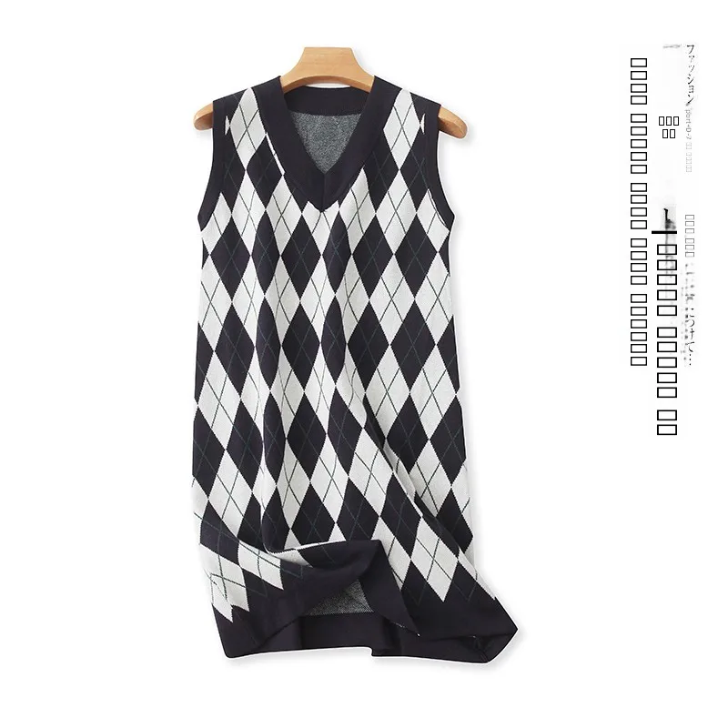 

Вязаный жилет V-Ne Svel для колледжа, длина миди, ромбовидный узор, осенний новый женский свитер Faion 30205, свободный крой