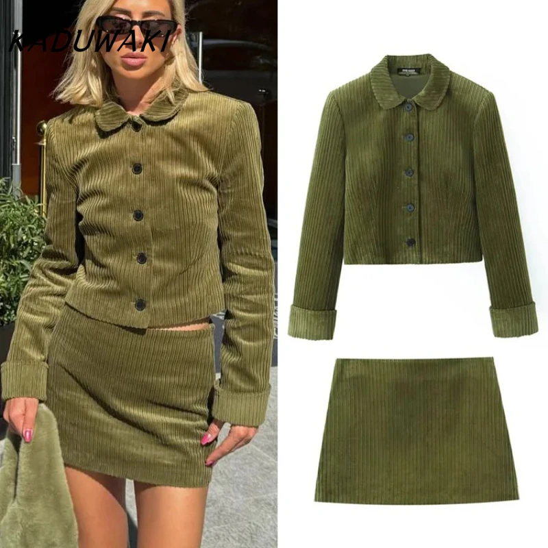 

KADUWAKI Women Fashion Lapel Single-Breasted Button Long Sleeve Corduroy Coat High Waist Zipper Mini Skirts Solid 2 Piece Set