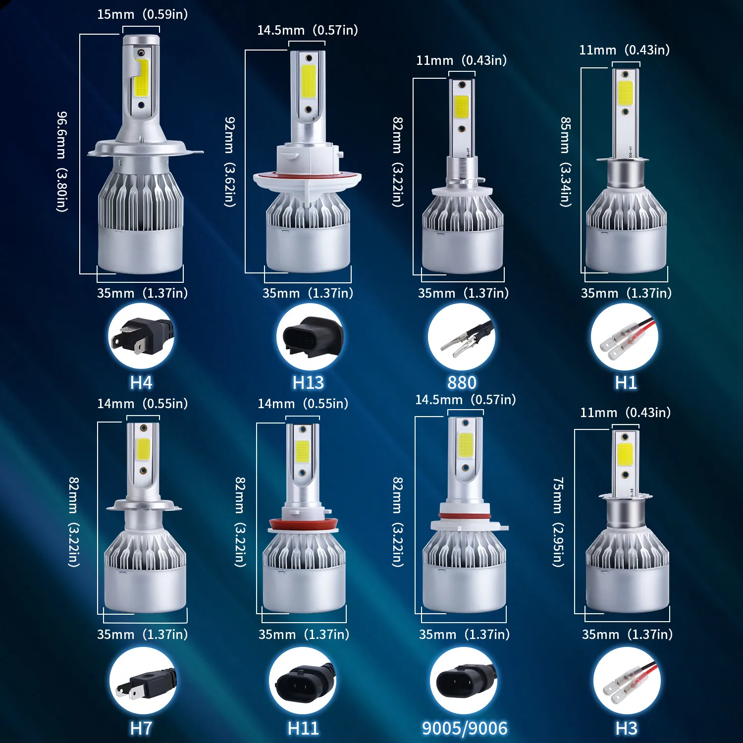 車のledヘッドライト電球、2x H7、H11、H4、ハイ、ロー、H1、H3、h8、HB1、HB3、HB4、HB5、HIR2、H13、H27、9005、9006、3000k、6000k、8000k、cob C6