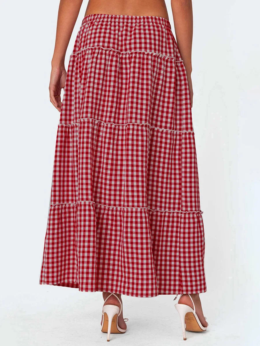 Women Gingham Side Slit Tiered Maxi Skirt Y2K Elastic Waist Flowy Vintage Plaid A Line Long Skirt Summer Clothes