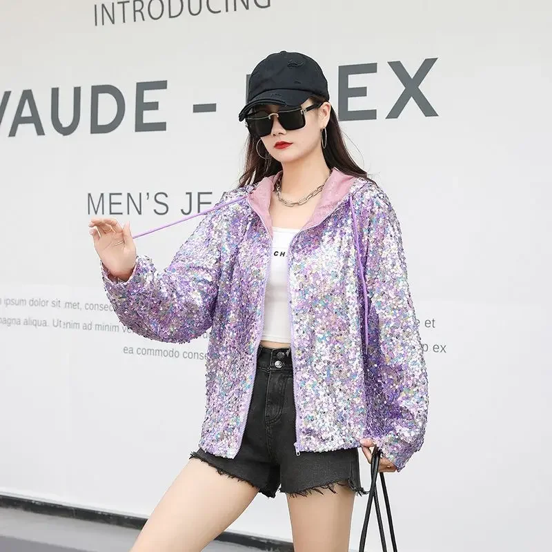 Shiny Women Sunscreen Purple Sequined Bomber Jacket Beading Hooded Coat Long Sleeves Sunscreen Cardigan Zippers Streetwear Tops