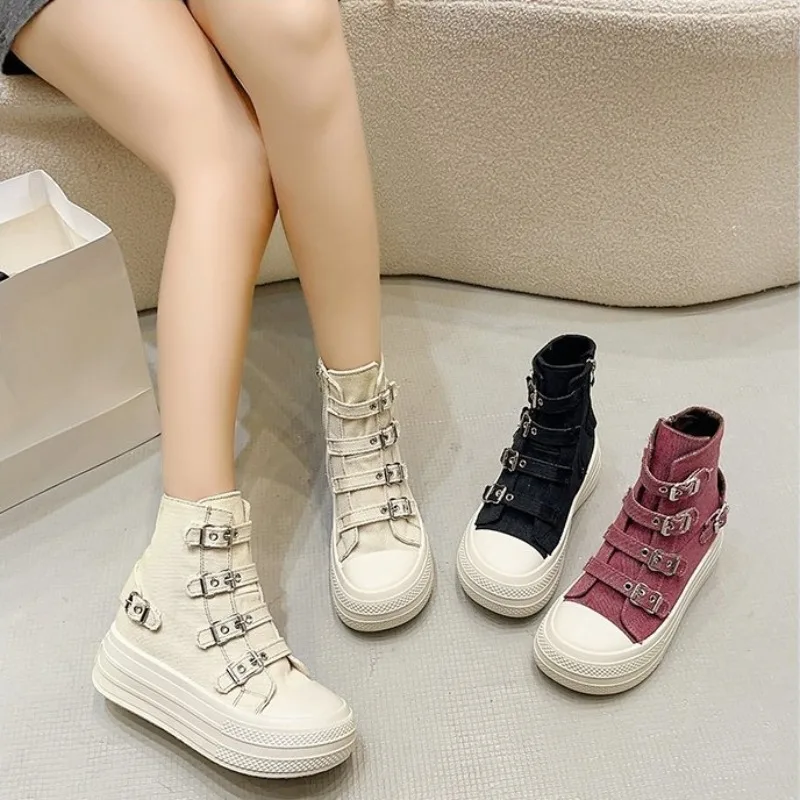 

Женские высокие кроссовки на платформе, удобная обувь на толстой подошве для увеличения роста, повседневные летние кеды из канваса, женская обувь