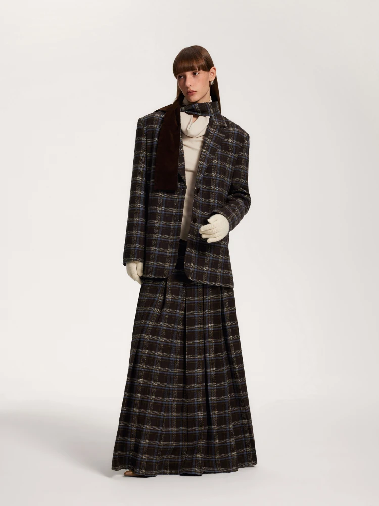 

Original Design Scottish Plaid Shape Woolen Suit Set Long Sleeve V-Neck Polyester Fabric Winter Collection Women's Fashion