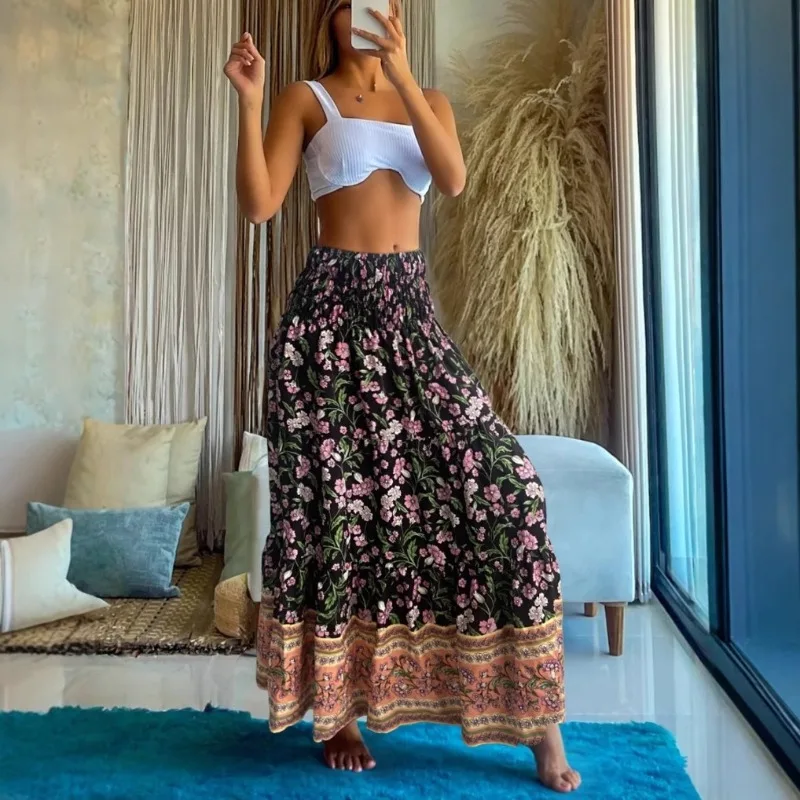 

2025 Hot Summer High Waist Elastic Waist Loose Printed Casual Fashion Long Skirt for Women