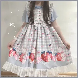 Sweet Strawberry Lolita Jsk Dress for Women Vintage Plaid Print Strap Dresses Y2k E-Girl Fungus Flying Sleeve Vestidos Mujer