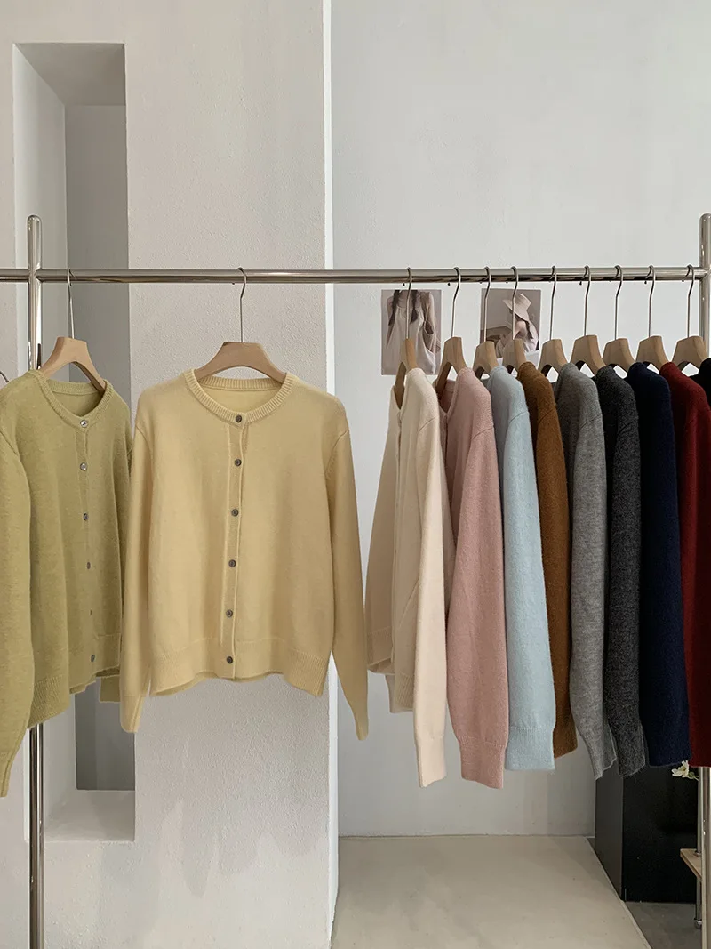 Women Basic Multi‑color Knit Cardigan Autumn New Korean Style Simple Solid Color Crew Neck Long Sleeve Versatile Sweater Coat