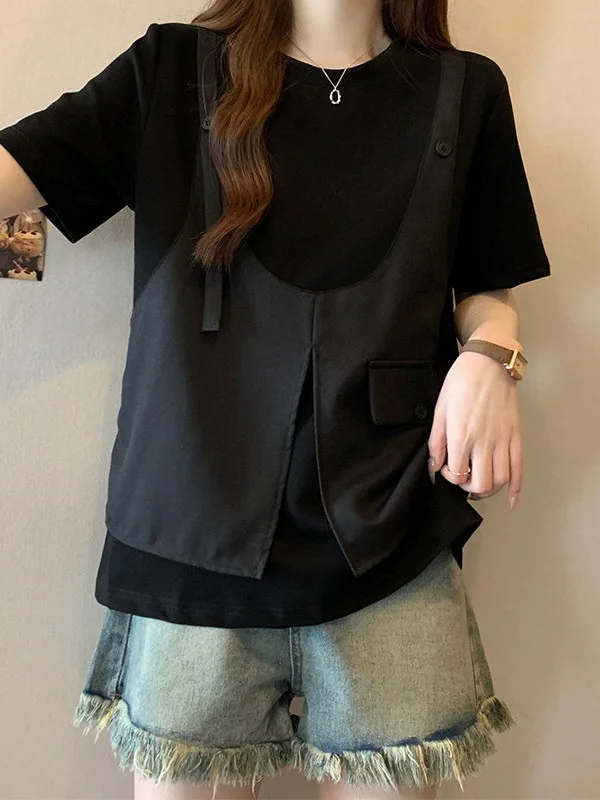 

plus Size Women's T-Shirt Short Sleeve Belly Cover Fashionable Design Summer Breathable Loose Fit Princess Style Single Piece