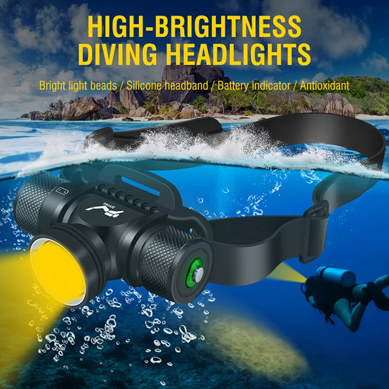 2024 Professional LED Powerful Scuba Diving Headlamp IPX8 Waterproof white or yellow Headlight Underwater 500M Dive Head Torch