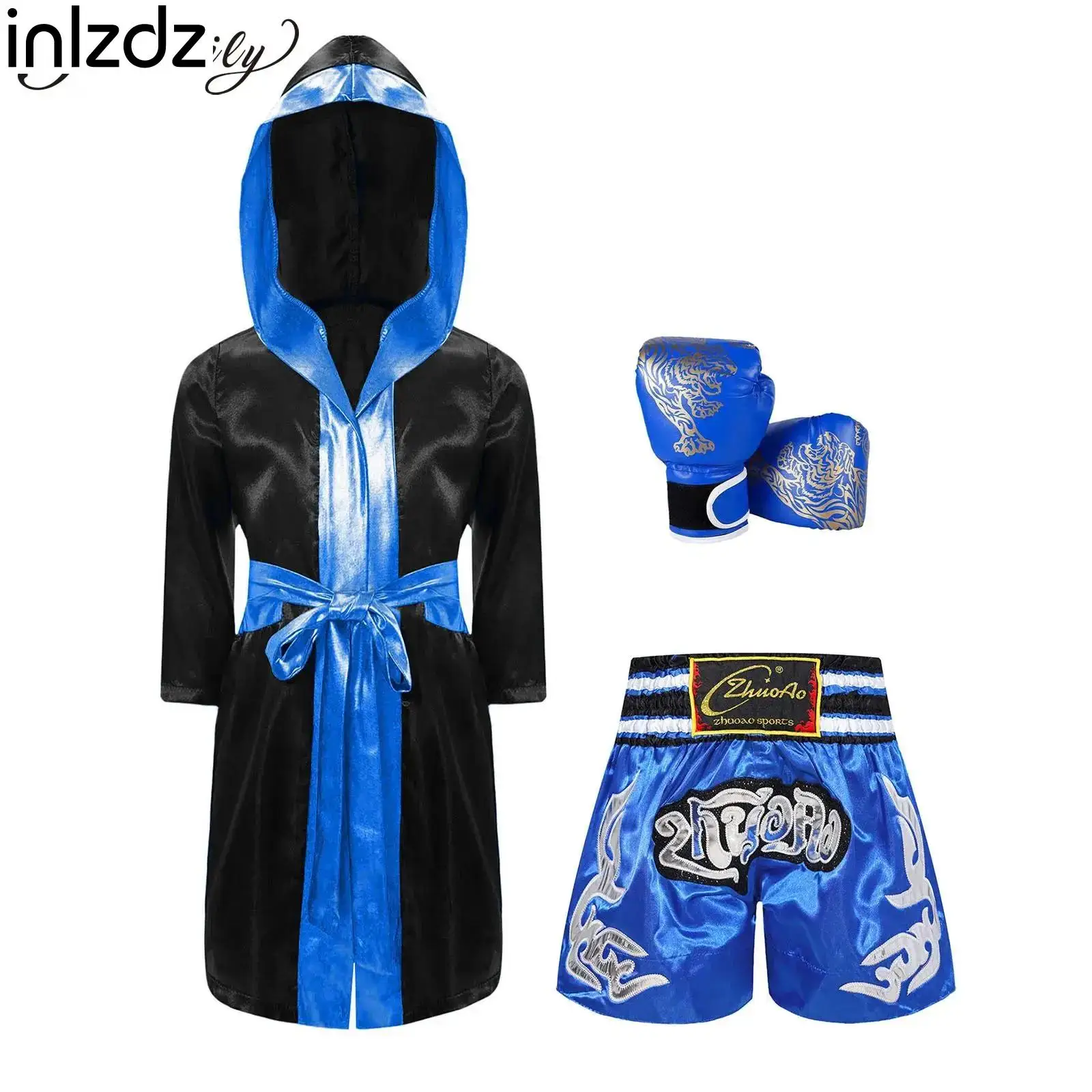 

Kids Boys Boxing Costumes Halloween Carnival Cosplay Costumes Hoodie Boxer Robe with Muay Thai Shorts Boxing Gloves