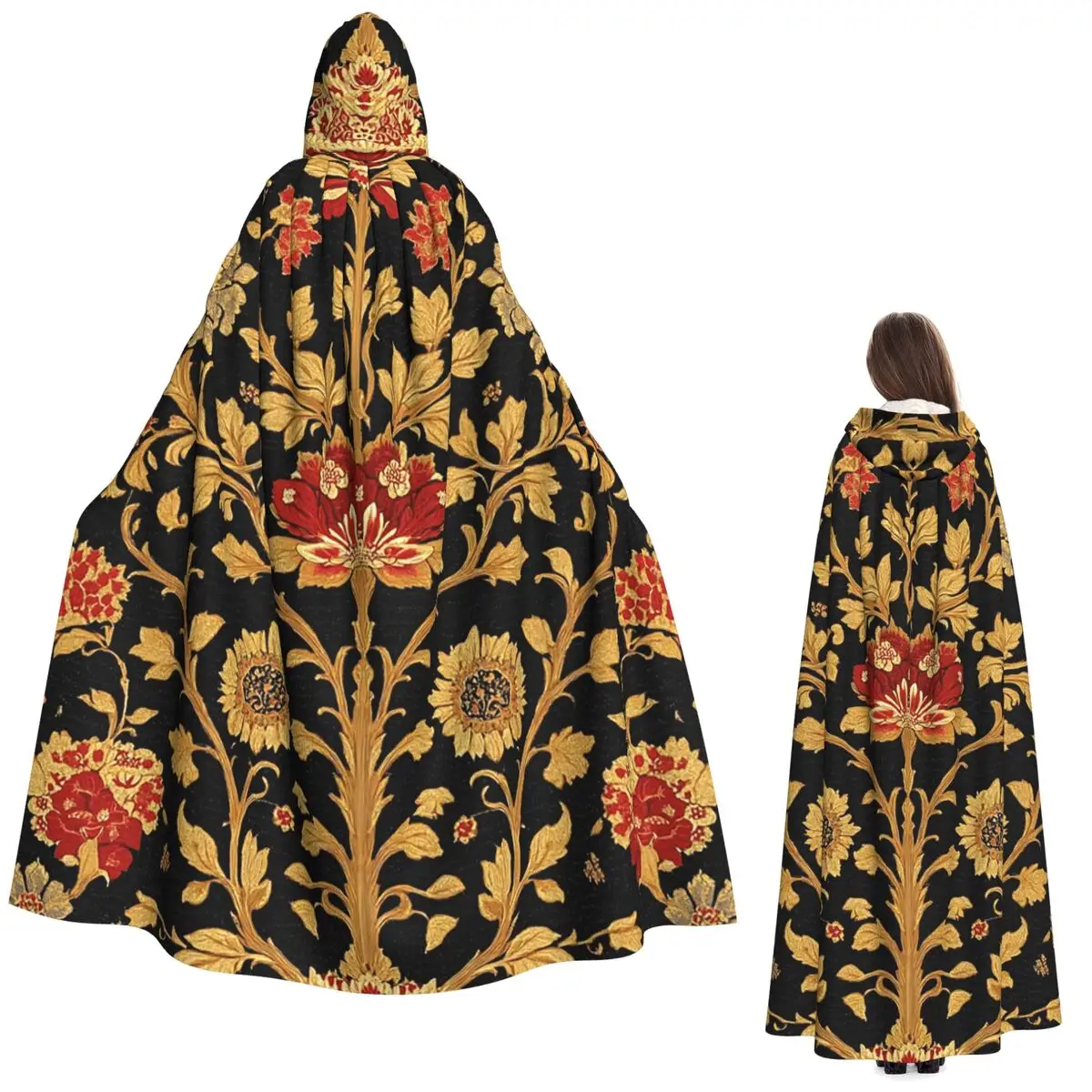 Cape longue à capuche florale royale Golden Splendor, costume de sorcière médiévale, cape de cosplay pour fête d'Halloween, adulte unisexe