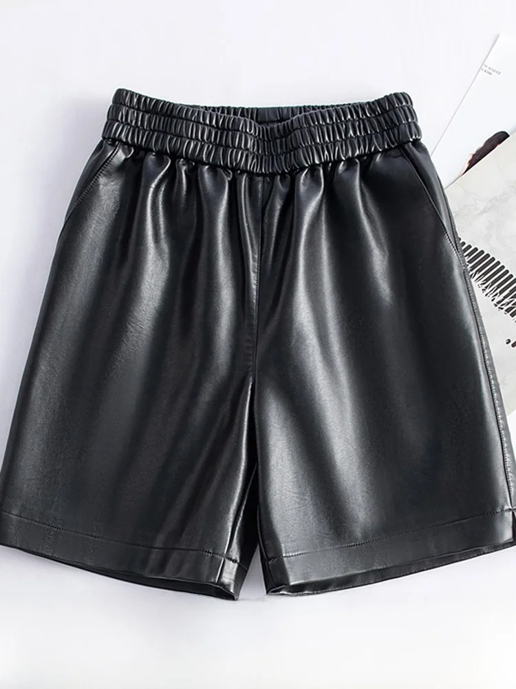 

Ning Genuine Leather Shorts Women's High Waist Wide Leg Short Pants Autumn Winter Slimming Sheepskin Bootcut Pants