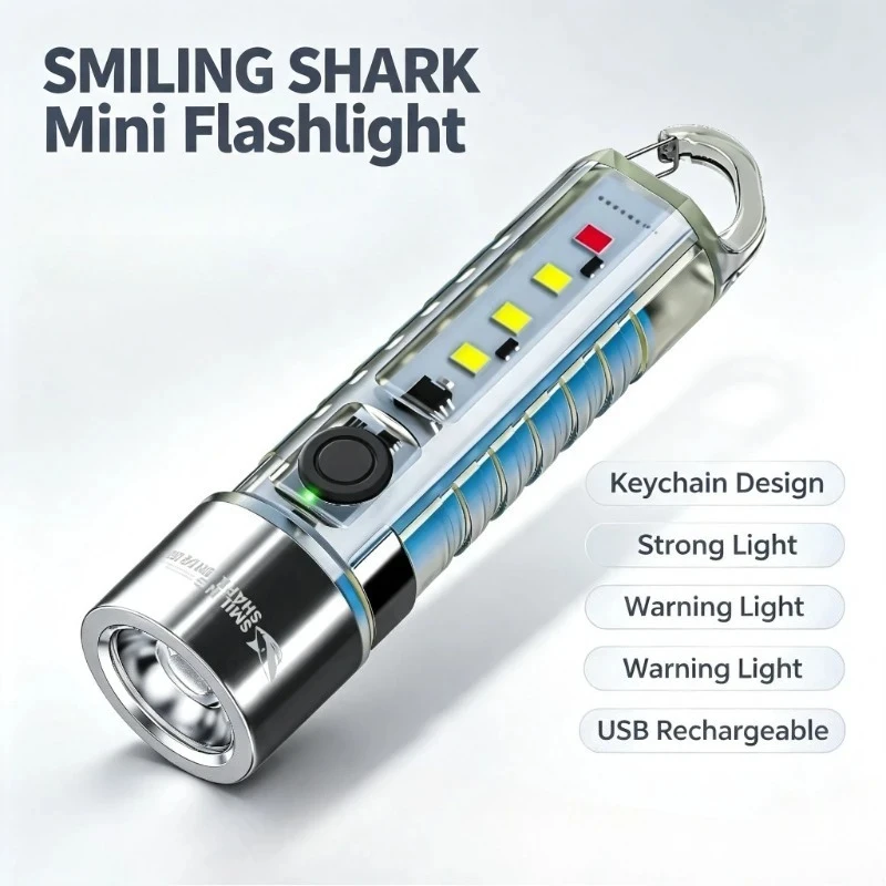 SMILING SHARK LED Strong Light Rechargeable Flashlight Super Bright Multifunctional Keychain Outdoor Warning Household SD‑1221