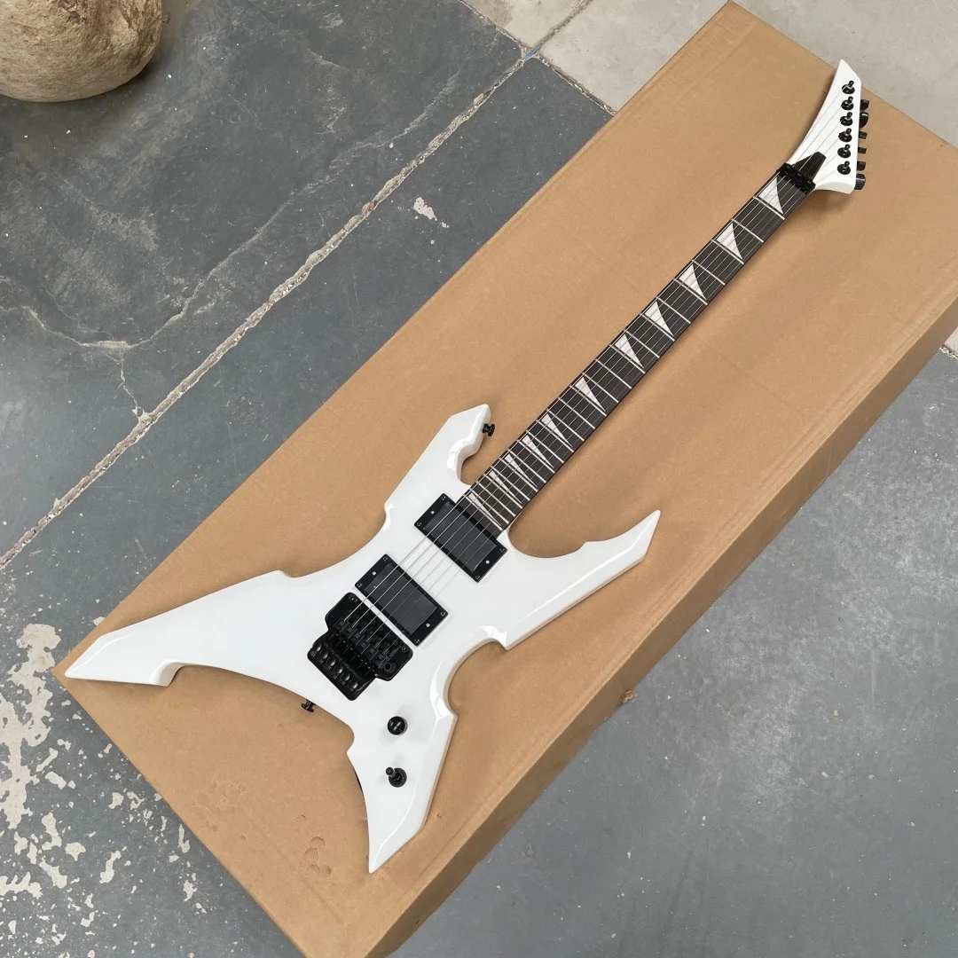 White Unique Shape Electric Guitar, 6 String Solid Body Electric Guitar, Double Locking Tremolo System, Humbucker Pickups