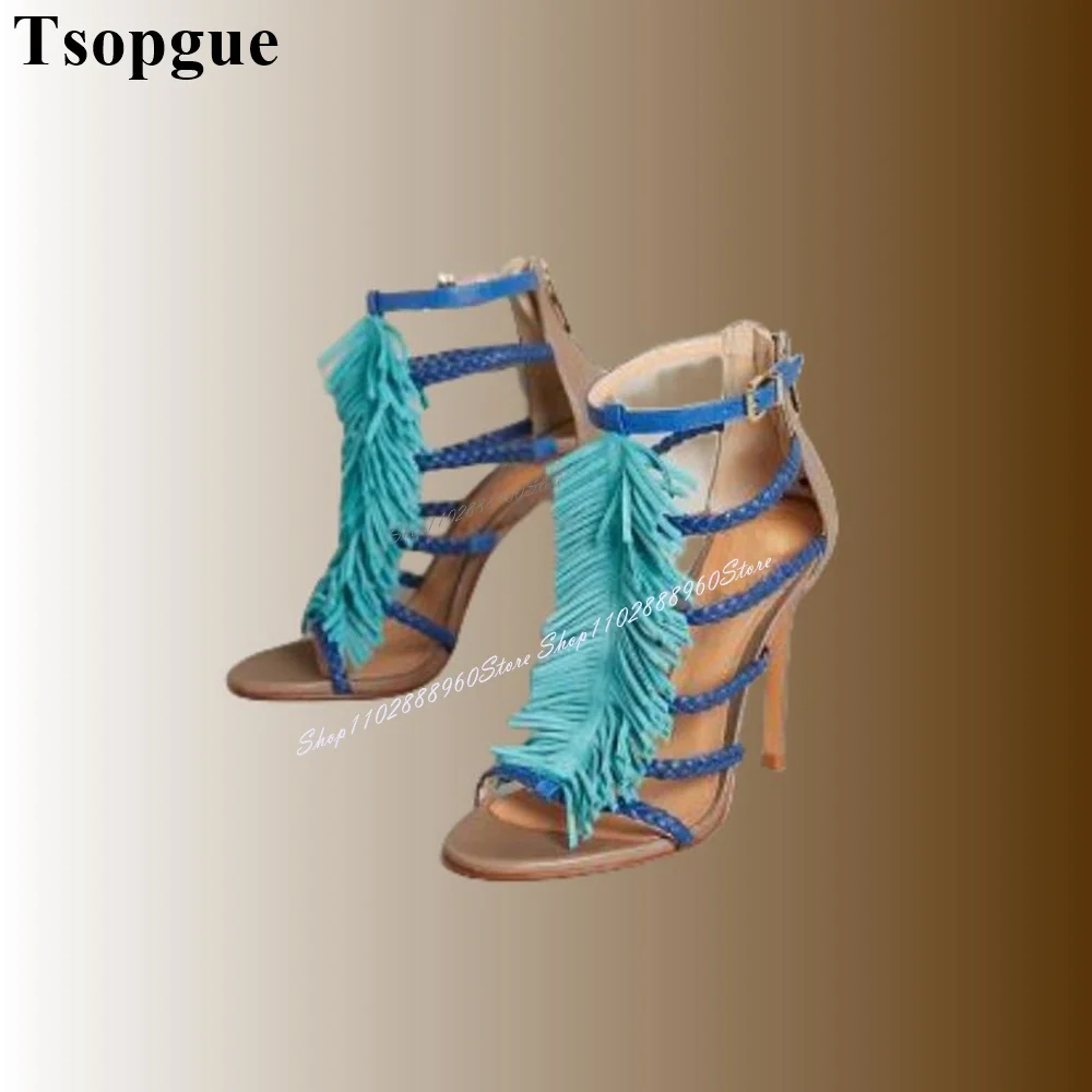 T-Strap Mixed Color Short Tassels Decor Sandals Thin High Heel Women Shoes Back Zipper Open Toe 2024 Fashion Zapatos Para Mujere