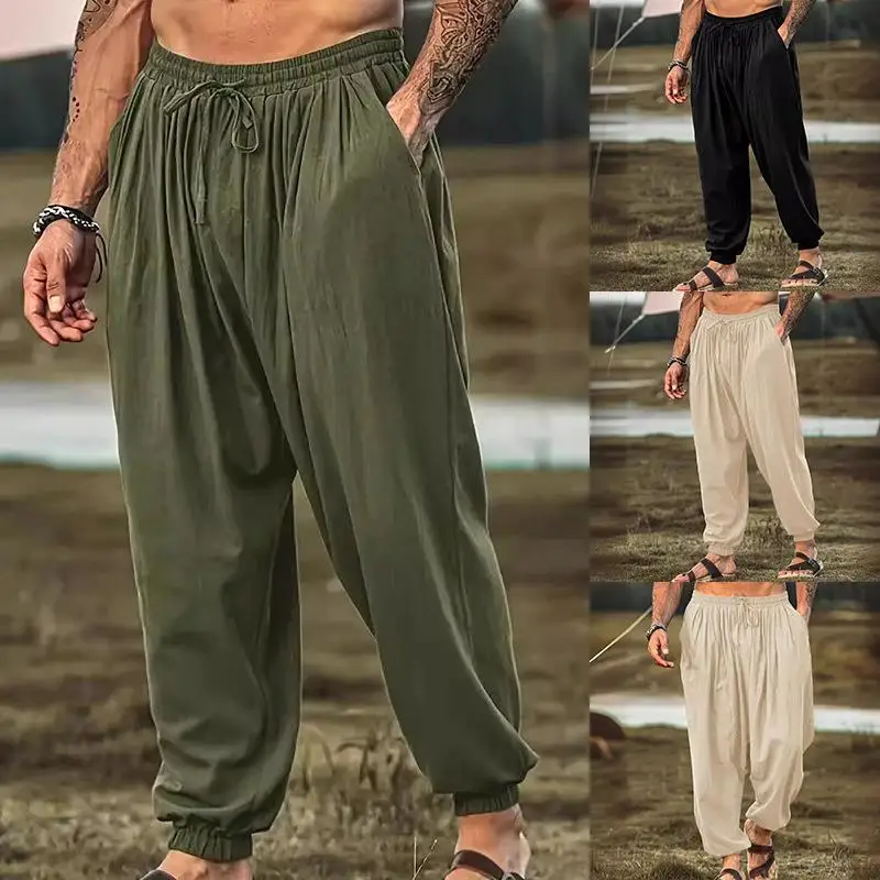 

Модные свободные хлопковые льняные повседневные брюки для мужчин в цветах, прямые длинные брюки Харлан, удобные всесезонные ...