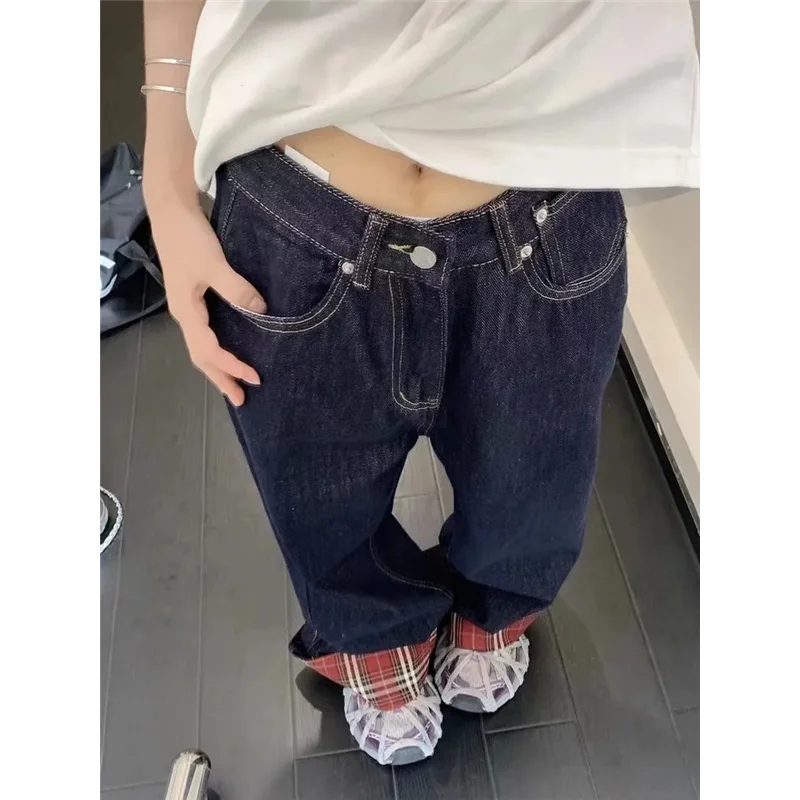 Grid Design Jeans Women Y2K Hip Hop Vintage High Waisted Jeans Straight Streetwear Casual Loose Large Size Wide Leg Denim Pants