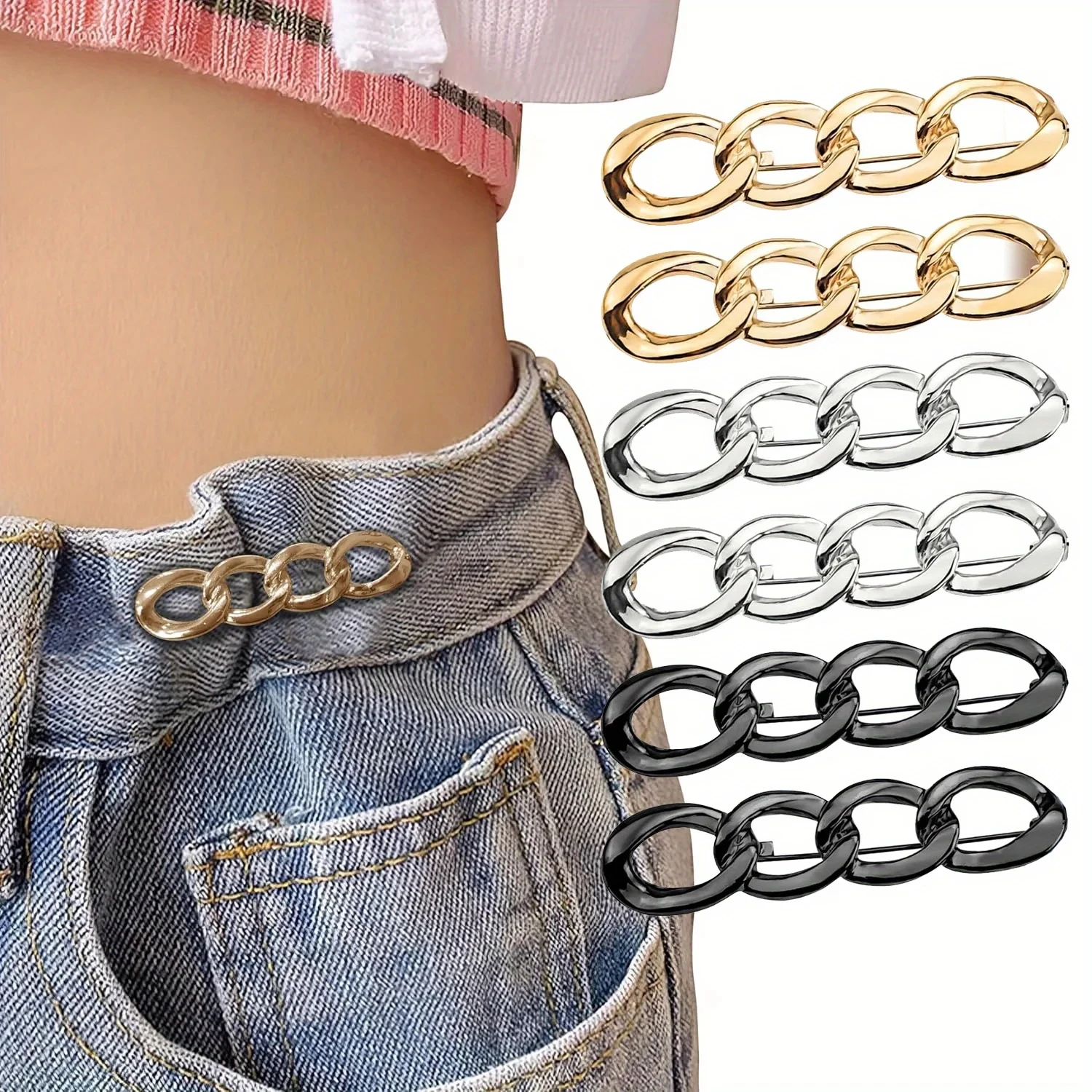 Elegant Chain Brooch Lapel Charm Pin Women Pants Waist Tightening Button Clothes Clip for Loose Pants Skirts Sleeves Sweaters