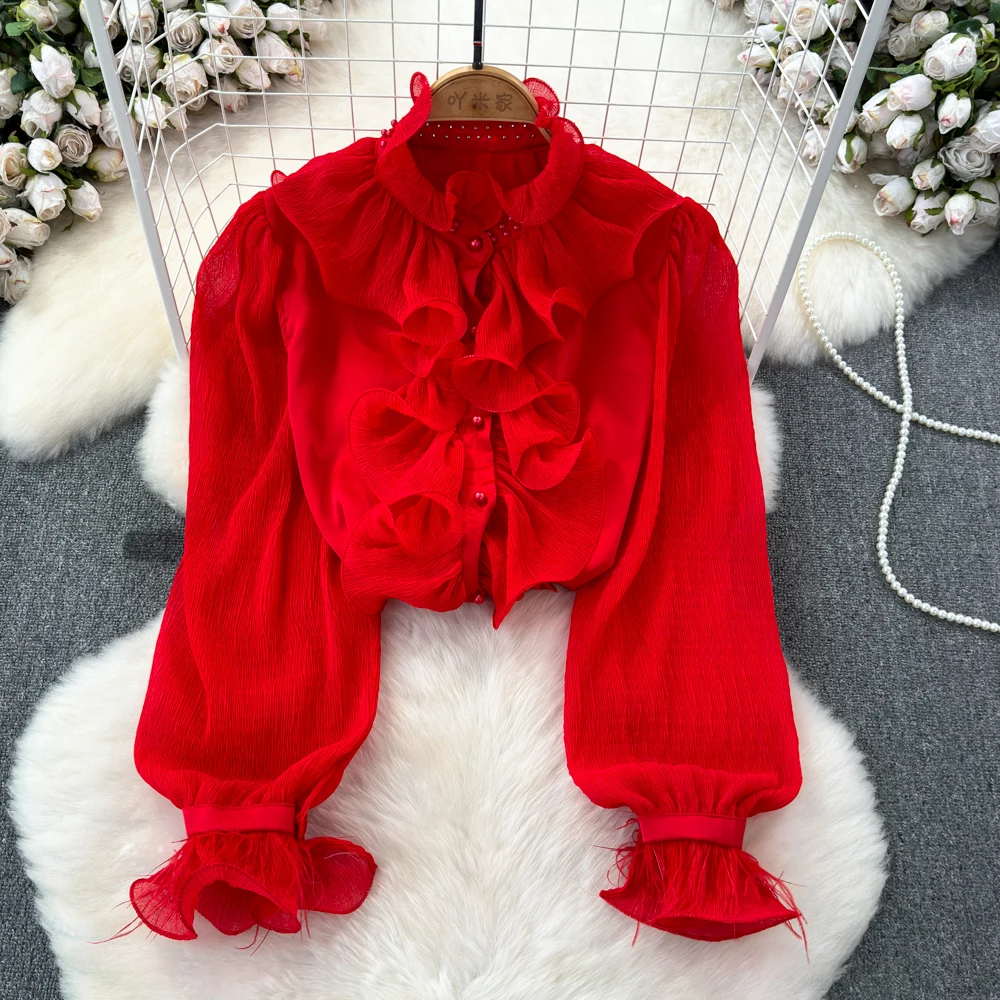 

Women Winter Pearls Beading Luxury Shirts Lady Flounce Ruffles Tops Autumn Chiffon Silky Patchwork High Neck OL Elegant Blouse
