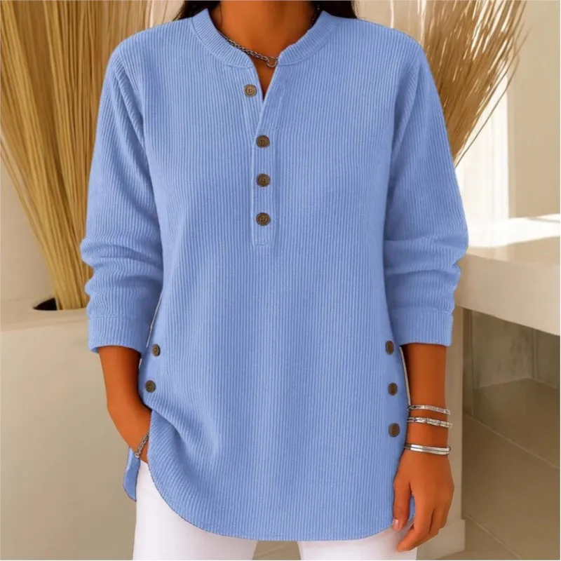 Casual Loose Blusas Long Sleeve Top T Shirt Tees Pullover Solid Color Simple Style All-match Button V-link Commuting Temperament