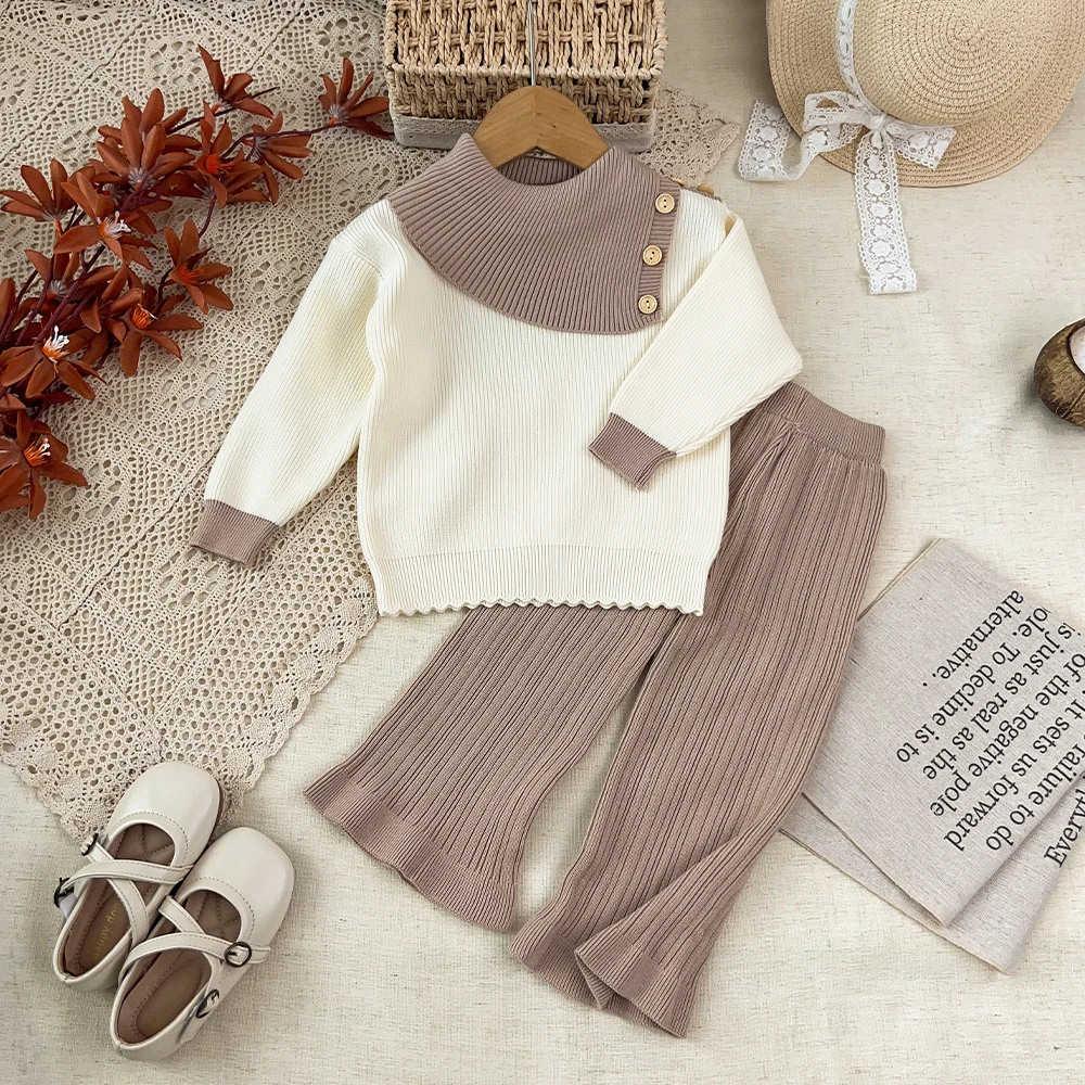Koreanische Version Blaue Mädchenkleidung Herbstmode Gestrickter Pullover Kinder-Set Farbblockierter Revers-Langarm-Oberteil + Hose – Detail 11