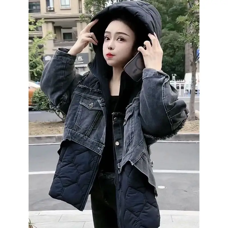 

Women's Hooded Cowboy Splicing Zipper Jacket, Cotton Clothes, Loose Coat, Slimming, Medium, Korean Version, Autumn and Winter