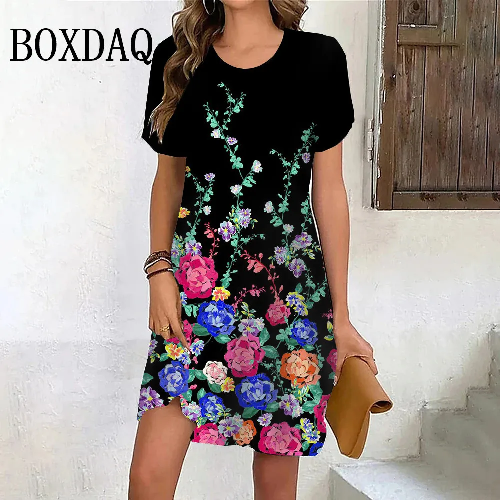 2024 Summer Floral 3D Printed Short Sleeve Dress Women Sweet Casual Pullover New Ladies Dress Sundress Loose Fashion Clothing