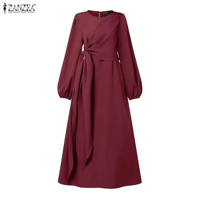 

Women's Modest Fashion Long Dresses Layered Wrapped Design Long Sleeve Solid Color Dress ZANZEA Muslim Islamic Hijabs Ramadan