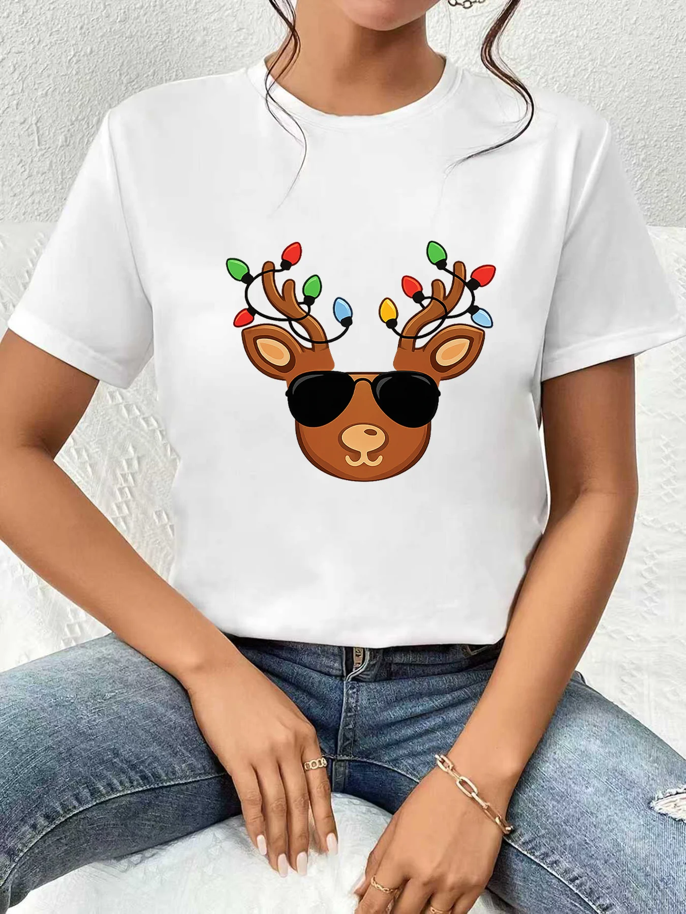 

【WDS0361】Plus size women's round neck short sleeve T-shirt with elastic half sleeves and trendy prints