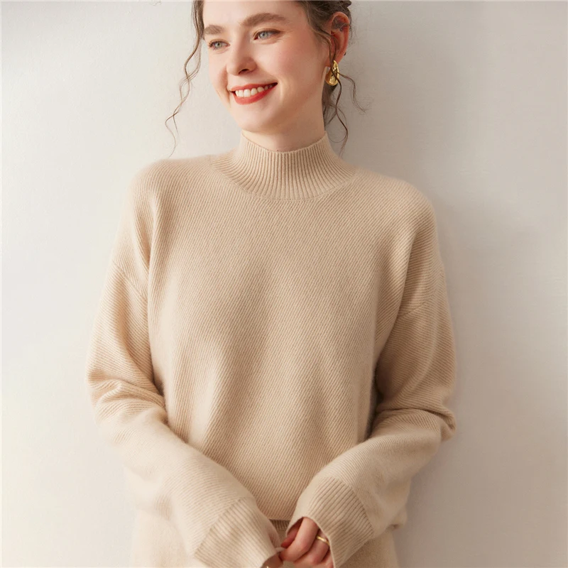 

Женский свитер Grace, пуловер из 100% кашемира, пуловер с полувысоким воротником, осень-зима, утепленная теплая вязка, тяжелая саржевая текстура