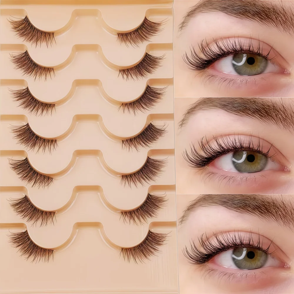 7 Paar halbe falsche Wimpern, transparentes Band, Wispy-End Cat Eye 3/4 Accent Lashes, 4-11 mm C-Curl, natürliche kurze Länge, weiche künstliche Wimpern