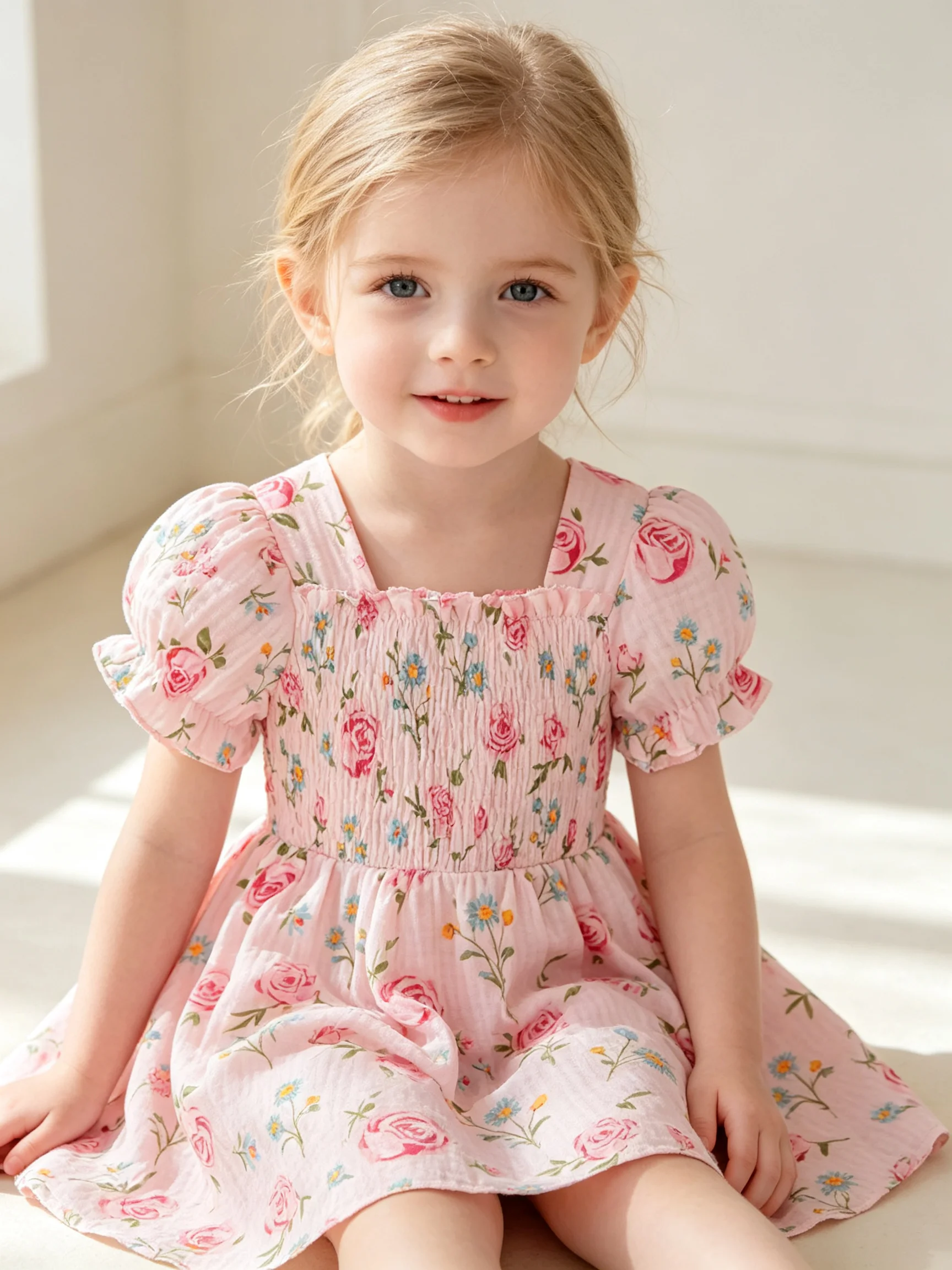 Girls Floral Puff Sleeve Dress, Square Neck Smocked Waist Pink Rose Print A-line Dress Summer Casual Kids Party Outfit