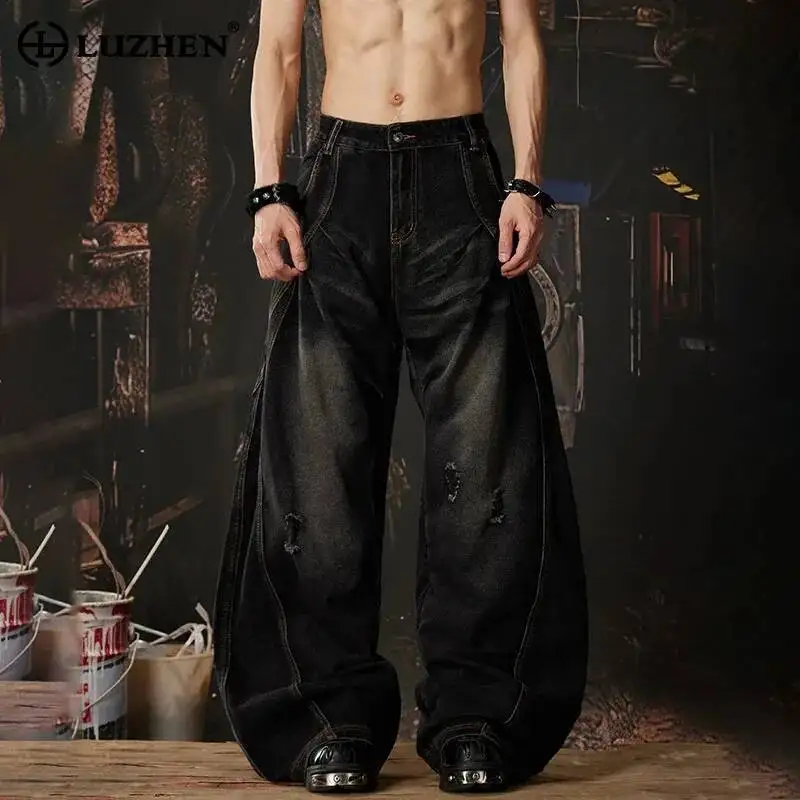 

LUZHEN 2026 New Broken Hole Patched Pockets Embroidery Pattern Straight Jeans Men's Fashion Original Wide Leg Denim Pants JY6759